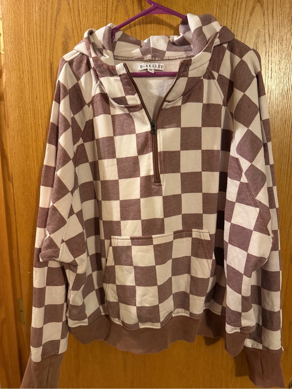 Blakeley Brown & Cream Checkered Half-Zip Hoodie